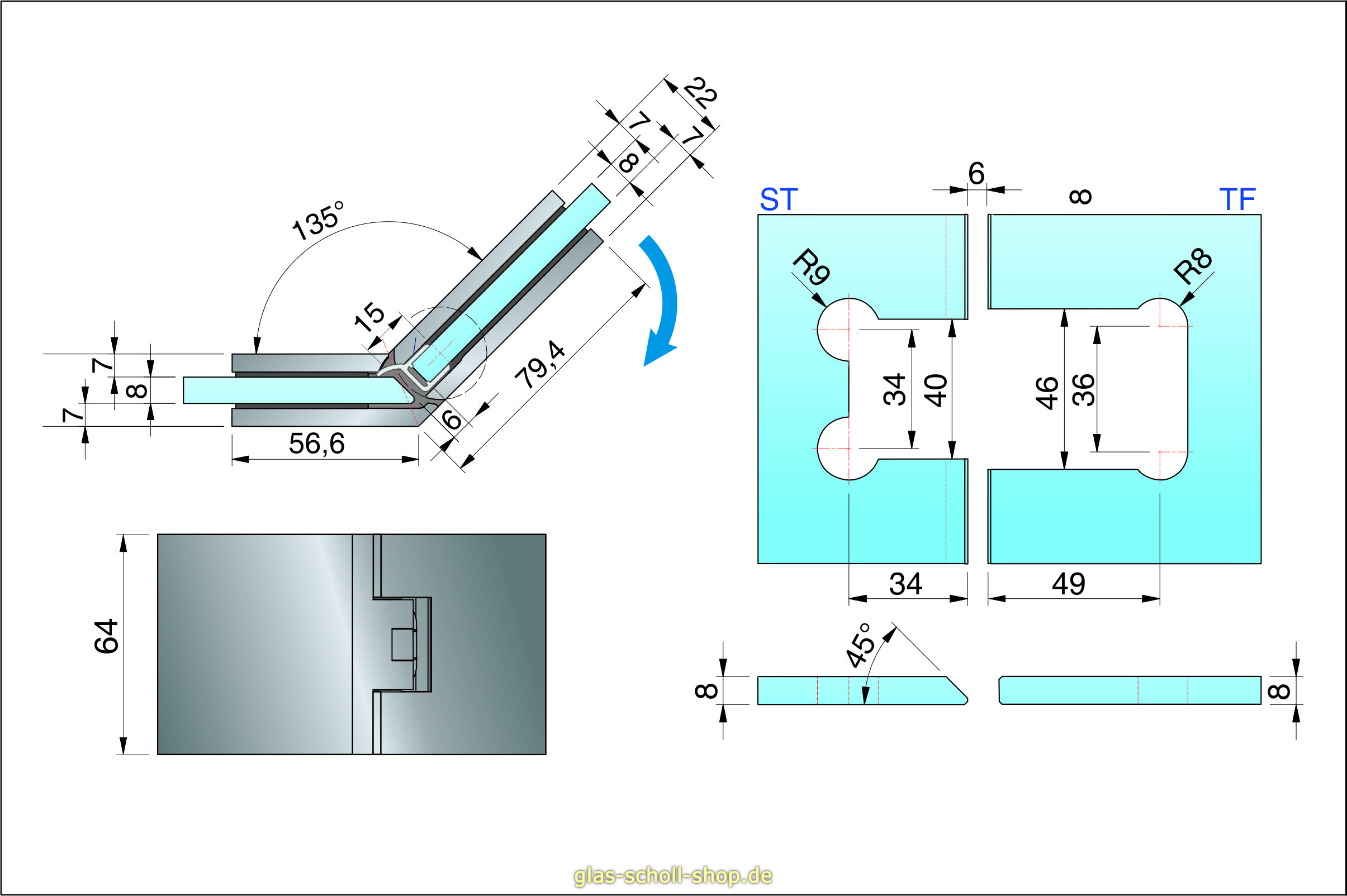 Artikelbild 7 des Artikels “Flamea+ 135° extrastark Glas-Glas Pendel-Duschtürband (verdeckte Verschraubung) “