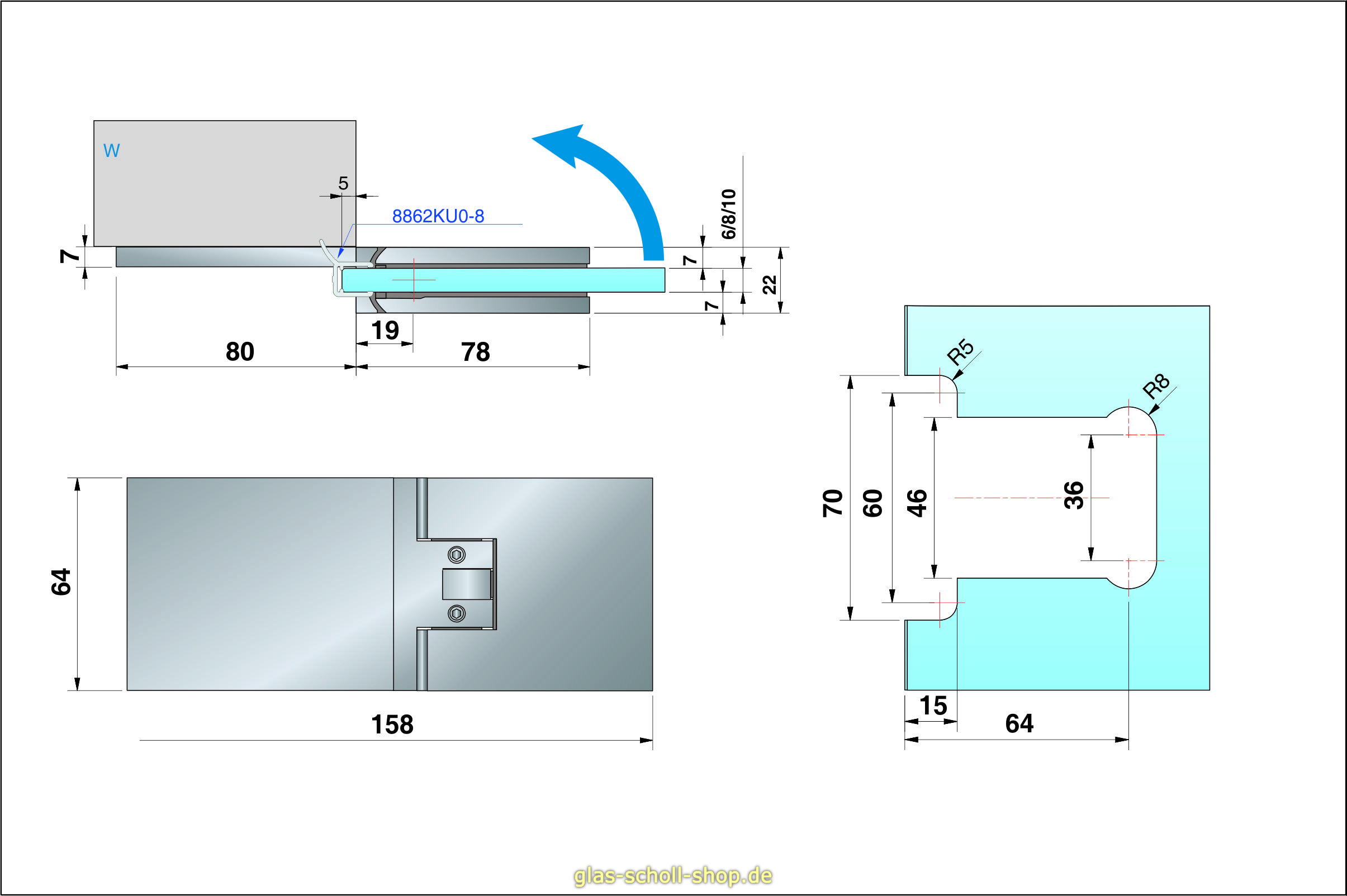 Artikelbild 7 des Artikels “Flamea+ 180° extrastark Glas-Wand Pendel-Duschtürband (verdeckte Verschraubung) “