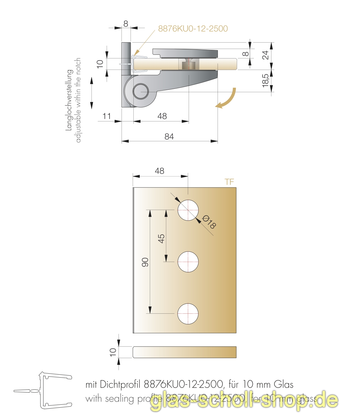 Artikelbild 7 des Artikels “TURA SCHWERLASTBAND Glas-Wand 90Grad nach außen öffnend Duschür glanzverchromt“